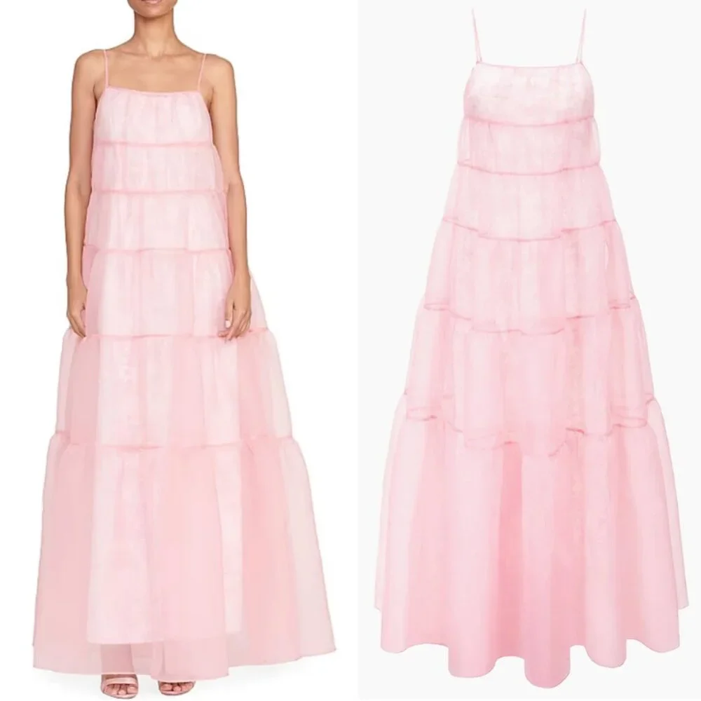 STAUD Pink Strapless Tiered Tulle Maxi Dress - Picture 3 of 13